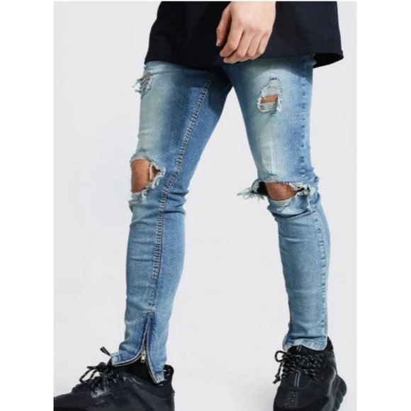 SKINNY STRETCH EXPLODED KNEE RIPPED JEANS - Picture 1 of 2